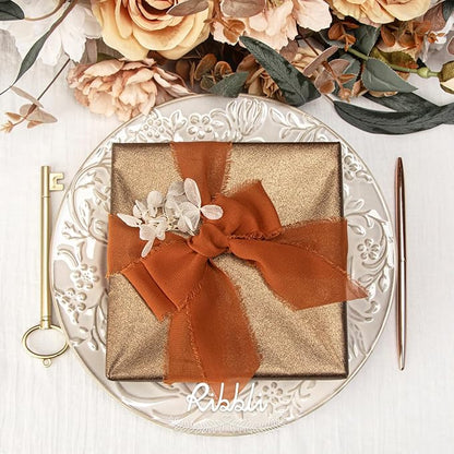 Ribbli Terracotta Chiffon Ribbon 1-1/2 inch x 20 Yard Handmade Fringe Chiffon Silk Ribbon,Black Ribbon for Wedding Invitations, Bridal Bouquets Wrapping, Flower Arrangement Decoration