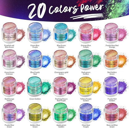 20 Colors Chameleon Mica Powder, 20 * 3g Color Shift Resin Pigment Powder for Epoxy Resin, Painting, Soap Making, Bath Bombs, Candle Making, Slime, Jewelry DIY Accessories(0.1oz/jar)