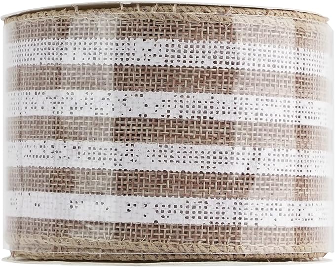 MEEDEE Burlap Wired Ribbon with White Stripe - 2.5 Inch Wired Ribbon for Cakes, Gift Baskets, Wreaths, Rustic Decor, Baby Showers, Beach, Farmhouse, 10 Yards