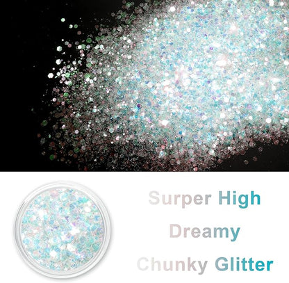Renfio Opal Chunky Glitter, 1.58oz/45g White Glitter, Dreamy High Sparkle Glitter for Crafts Holographic Fine Glitter Mix Iridescent Glitters Flake for Resin Nails Art Hair DIY Snow Globe - Ocean Wave