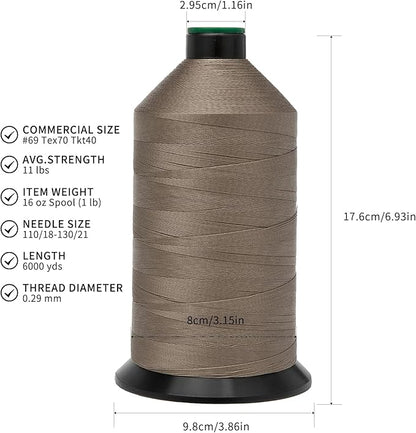 Extra Strong Bonded Nylon Thread #69 Tex70 – 16 OZ, 6000yds, Versatile Stitching Solution for Leather, Upholstery, Canvas Repair and More (Khaki)