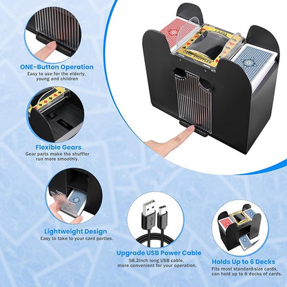 Automatic Card Shuffler 6 Deck Heavy Duty Electric Card Shuffler, USB/Battery-Operated Casino Playing Card Shuffler for Card Games