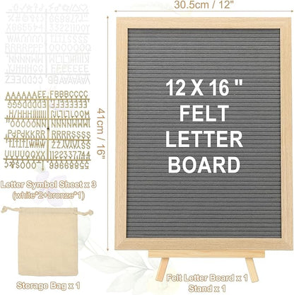 PATIKIL Felt Letter Board, 12x16Inches Gray Wooden Changeable Message Board with Storage Bag Stand for Kitchen Menu Classroom Farmhouse Decor Notes, White Bronze Letter