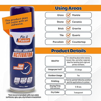 FIX & FUSION Activator Spray (3.38 Fl Oz), Instant Cure Accelerator for Cyanoacrylate (CA) Super Glue for Wood, Plastic, Rubber, Granite, and DIY & Professional, Accelerates Bonding Strength, (6 Pack)