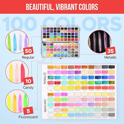 Premium Watercolor Paint Set Bundle with 100 Bright Colors & Paper Pad for Beginners & Professional – Painting Kit & Art Supplies for Adults – Travel Watercolor Set with Metallic Watercolor Paints