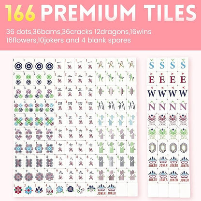 American Mahjong Tile Set,166 Tiles White Pink Acrylic Carving Tiles,Mahjong Game Set with Portable Travel case(Racks Not Included)