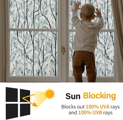 Leaf Pattern Window Tint with Installation Tools, Blackout Window Cover, Sun Blocking Window Tint for Home (Full Blackout Opaque, 35.4'' x 118.1'')
