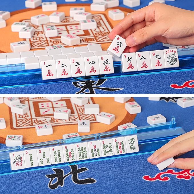 American Mahjong Game Set, 166 White Tiles, 4 All-in-One Color Rack/Pushers, Complete Mahjong Tile Set Red Printed Carrying Bag