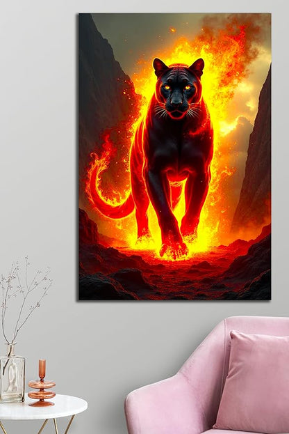 SpiritualHands Fiery Black Panther Glass Wall Art Painting for Living Room, Tempered Glass Modern Prints Decor, Large Vivid Color Panel for Bedroom, Kitchen, or Office