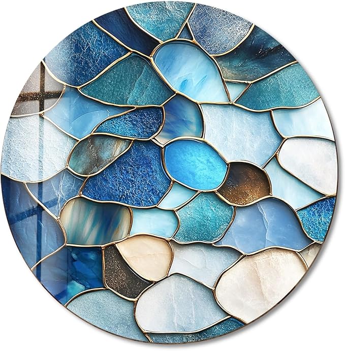 My Photostation.com 31.5''(80cm) Diameter Coastal Blue Stone Mosaic Round Glass Wall Art Tempered Glass Printing Wall Decor Large Wall Art Wall Hangings
