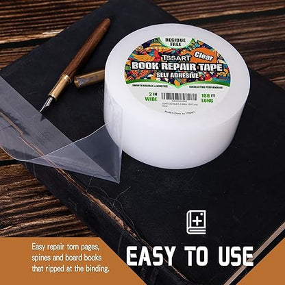 Clear Book Repair Tape - Self Adhesive Stretchable Tape, Essential Repair Tape for Reinforcing, Protecting, and Covering Old Books - 2 Inch Wide x 108 FT Long