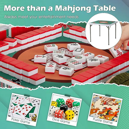 Giantex Folding Mahjong Table, 35" Square Card Table with Cup Holders, Removable Noise Reduction Mat, HDPE Tabletop, 4-Player Portable Domino Tables for Poker Blackjack Board Game (Green)