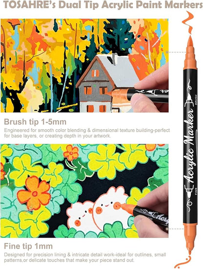 30 Colors Acrylic Paint Pens Markers Waterproof Dual Tip Acrylic Marker Set with Brush & Fine Tip Kid Markers for Rock Painting Wood Scrapbook Fabric Glass Ceramic DIY Craft Art Supplies