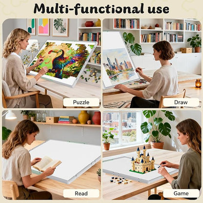 1500 Pieces Puzzle Board 3-in-1 Double-Sided & Rotating & Tilting, Plastic Puzzle Table with Sorting Boxes and PVC Cover, Portable Lazy Susan Jigsaw Puzzle Board for Adults, Gray Green