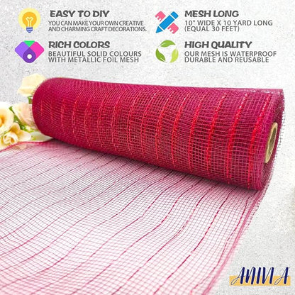 Anivia Deco Mesh Ribbon, 10inch x 30 Feet Each Roll Metallic Foil Mesh Ribbon for Wreaths Swags, Holloween, and Christmas Tree Decoration (Burgundy/Red Foil)