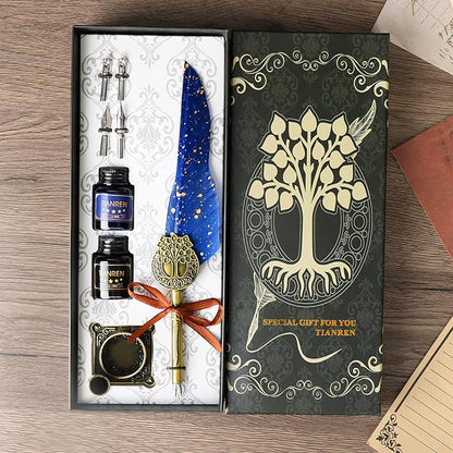 Feather Pen and Ink Set,quill pen ink set,Antique Calligraphy Pen with 4 Replaceable Nibs,2 Bottle of ink,Pen Holder Christmas Gift for Men&Women.(Blue)