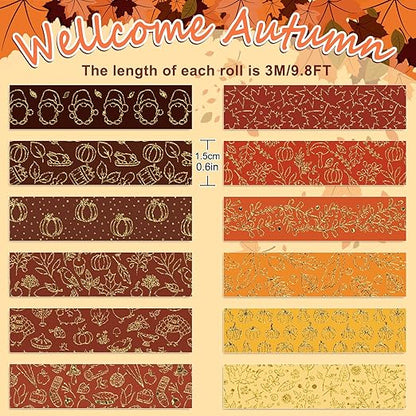 Whaline 12 Rolls Fall Washi Tapes Foil Gold Decorative Tape Autumn Gnome Pumpkin Fall Leaves Turkey Patterned Masking Tape for Fall Thanksgiving Scrapbook Journal DIY Craft Gift Wrapping, 0.6Inch