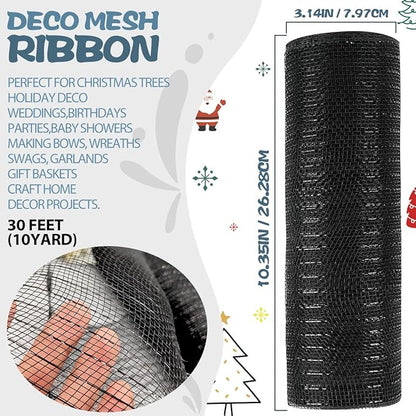 Anivia Deco Mesh Ribbon, 10inch x 30 Feet Each Roll Metallic Foil Mesh Ribbon for Wreaths Swags, Holloween, and Christmas Tree Decoration (Black)