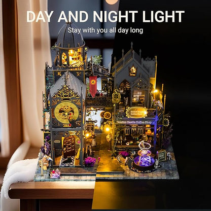 DIY Miniature House Kit, Dollhouse for Adults to Build, Birthday/Christmas Day Gift for Family and Friends, Magic Castle, Haunted Dollhouse, Prefab Tiny Home with LED Lights(Huoluo Castle)