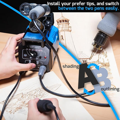 WEP 939-III Dual Pen Wood Burning Kit 34-IN-1 with 20 Woodburning Tips Soft-Grip Pyrography Pen with 2 Stencils, 2 Unfinished Wood, 1 Pen Holder Professional Wood Burner Tool