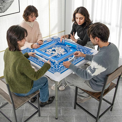 Giantex Folding Mahjong Table, 35" Square Card Table with Cup Holders, Removable Noise Reduction Mat, HDPE Tabletop, 4-Player Portable Domino Tables for Poker Blackjack Board Game (Blue)