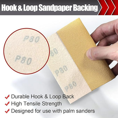 50 Pcs Premium Sand Paper, 1/4 Sand Paper Sheet Hook and Loop Backing 80/120/150/220/320/400 Grit Sandpaper Assortment Sandpaper for Wood Metal Automotive Palm Sanders 5.5" x 4.5"