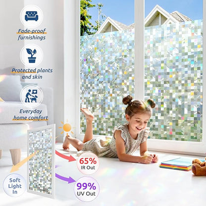 rabbitgoo Stained Glass Window Privacy Film Mosaic Pattern, Frosted Glass Window Film Rainbow Decorative Sticker, Static Cling UV Blocking Suncatcher for Home, 35.4 x 157.4 Inches
