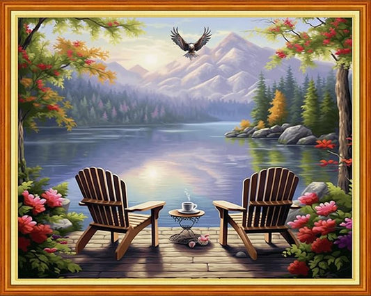 Magxvouy Cross Stitch Kits Stamped Full Range of Embroidery Kits,Cross Stitch Patterns Needlework Kits for Beginners 11CT Printed Kits& Rest by The Lake 16x20 inch