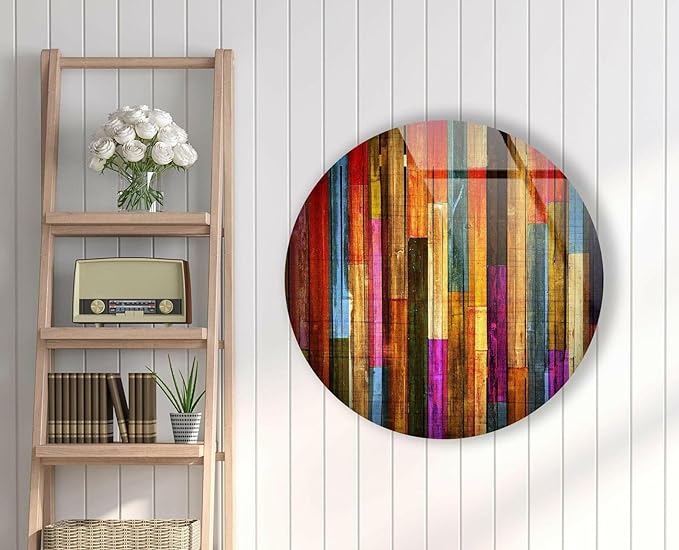 My Photostation.com 31.5''(80cm) Diameter Colorful Wood Pattern Round Glass Wall Art Tempered Glass Printing Wall Decor Large Wall Art Wall Hangings