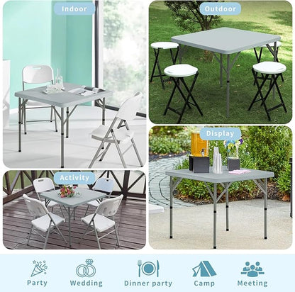 34" Square Folding Table,Multi-Functional Portable Folding Card Table with Carrying Handle for Indoor Outdoor Camping,Picnic, Office, Party Use, HDPE Plastic Tabletop with Metal Frame(Grey)