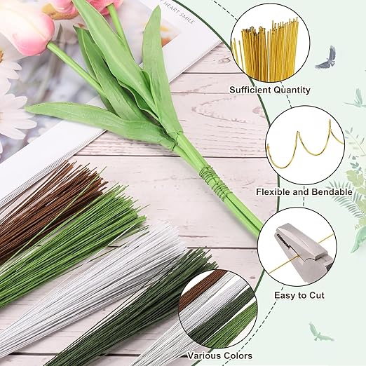PATIKIL 32 Inch 22 Gauge Floral Stem Wire, 4 Pack/160 Pieces Bouquet Stem Paper Wrapped for DIY Crafts Flower Arrangements, Gold Tone