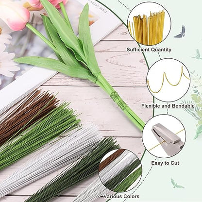 PATIKIL 32 Inch 22 Gauge Floral Stem Wire, 4 Pack/160 Pieces Bouquet Stem Paper Wrapped for DIY Crafts Flower Arrangements, Gold Tone