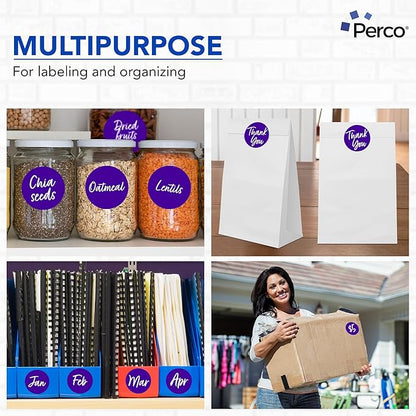 Perco Purple 3-Inch Round Circle Dot Sticker Labels - Multi-Roll Pack (3 Rolls, 500 Labels Each) - Permanent Adhesive, Vibrant Colors, Strong Hold - Perforated for Easy Use - Made in USA