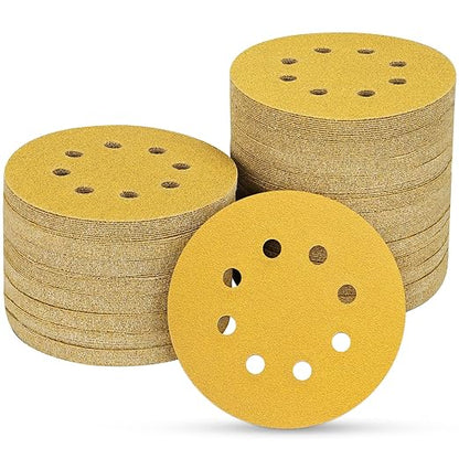 100PCS 5 Inch 8 Hole Sanding Discs 150 Grit,Gold Round Hook and Loop Sandpaper for Random Orbital Sander