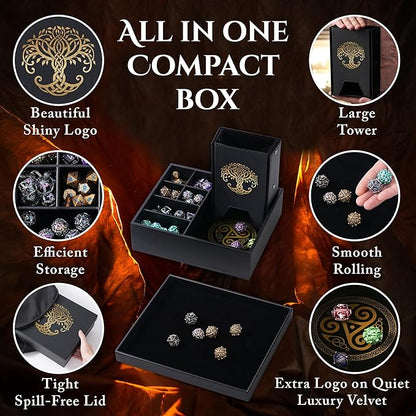 Dice Tray and Dice Tower for DND and RPG - All-in-One Game Roamer Tray & Large Tower for Random Rolls - Stores Your Sets, Mini's and More Compatible with D&D (Gold Tree)