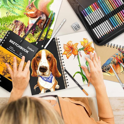Caliart 176PCS Art Supplies Sketching Kit with 100 Sheets 3-Color Sketch Book, Graphite Colored Charcoal Watercolor & Metallic Pencils, Drawing Set Christmas Gifts for Adults Teens Girls Boys Kids