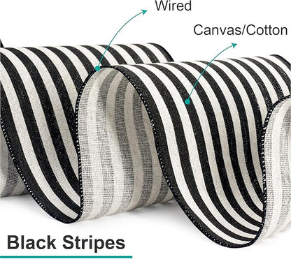 CT CRAFT LLC Striped Canvas Cotton Ribbon 4" x 10 Yards Ivory/Black Stripes for Thanksgiving Christmas Home Décor Gift Wrapping Outdoor Tree Topper Bow Wreath
