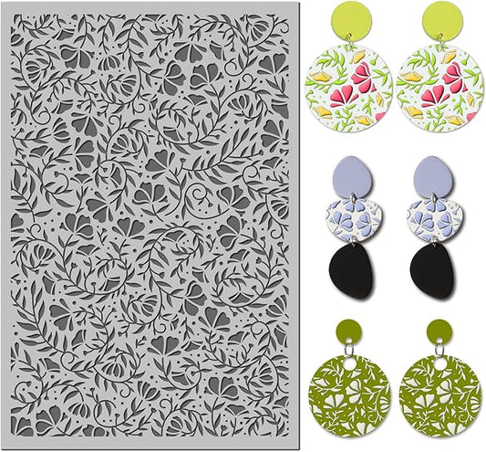 Arbuya Swirls Flowers Blossom Polymer Clay Texture Mat - Flourish Flowers Texture Sheet for Polymer Clay Jewelry Making, Earring Charms, DIY Craft Supplies