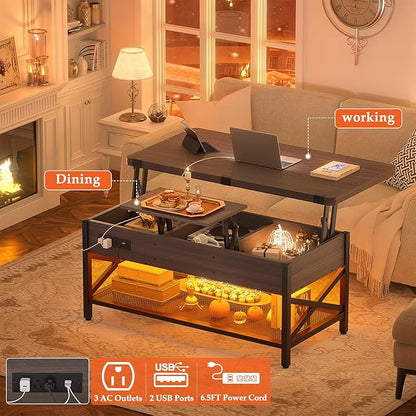 Aheaplus Coffee Table Lift Top Multi-Function Coffee Table Converts to Dining Table, with LED Light and Power Outlet, Center Table with Shelves for Living Room Reception Home Office,-S2, Espresso