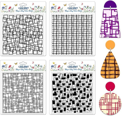 CHGCRAFT 4 Pcs Graffiti Grid Polymer Clay Texture Sheets Abstract Squares Silicone Texture Stamp Seamless Pattern Modeling Pattern Pad Sheets for Jewelry and Earrings Tools, 5.5x5.5 inch