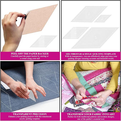 Quilting Acrylic Template Set | Precision Tools for Quilting Enthusiasts | Diamond Design | Includes Sizes 4", 3", 2", 1" | 1/8 Clear Acrylic | 1/4" Seam Allowance for Accuracy