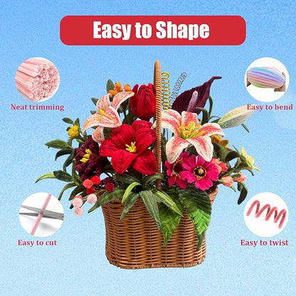 LansinLife 400 Pcs Pipe Cleaners Craft Set, 5 Assorted Red Pipe Cleaners Bulk, Chenille Stems for DIY Flower Making Kit with Floral Stems, Gardening Tape, Stamen, Ribbon for DIY Bouquet Gift (Red)