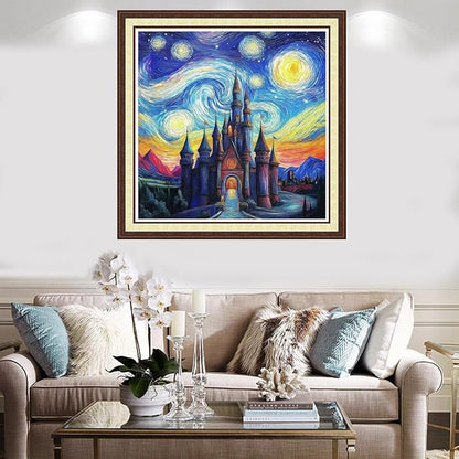Findvoor Counted Cross Stitch Kits for Adults Full Range of Cross Stitching Embroidery Unprinted Pattern for Beginners, 11CT Needlepoint Kit Patterns Embroidery Kits-Van Gogh's Castle 18x18 inch