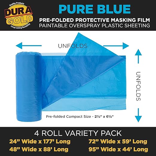 Dura-Gold Pure Blue Pre-Folded Masking Film, (4 Pack of 24, 48", 72", 95") Painters Plastic Roll, Pull Down Drop Sheet, Pre-Folded Plastic Sheeting for Painting Protection on Auto, Walls, Furniture