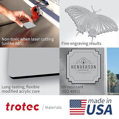 Trotec | Metallic Looking Acrylic Sheet | 12"x12"x1/16, 8 Pcs | Smooth Silver/Black | Metallic Finish - Scratch Resistant for Laser Engraving & Cutting,Printing,Glowforge,Name Plate | USA Made