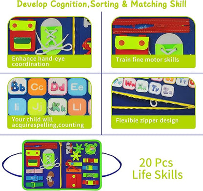 Dinosaur Montessori Learning Toy for Toddlers Ages 1-4 Years, Busy Sensory Board with Educational Activities, Travel-Friendly Developmental Skills Toy