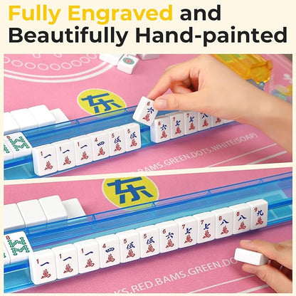 Mahjong Tile Set,166 White Tiles Mahjong Set,4PCS Mahjong Racks with Pushers,Travel Mahjong Set with Flower Carrying Bag