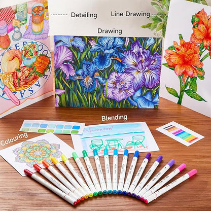 Shuttle Art Dual Tip Brush Marker Pens, 105 Colors Fine and Brush Tip Markers Set in Portable Case with 1 Coloring Book for Kids, Water-based Ink Adult Artist Coloring Calligraphy Journal Doodling