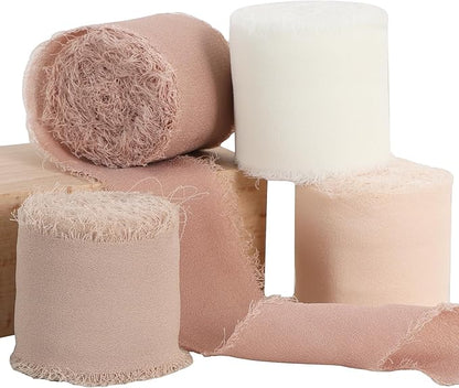 TONIFUL 4 Rolls Silk Chiffon Ribbon, 1-1/2 Inch x 22yds, Beige and Cream Chiffon Ribbons Set, Handmade Fringe Silk Ribbon for Gift Wrapping Bridal Bouquets Wedding Invitations Decoration Crafts