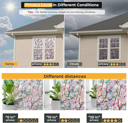 Window Privacy Film Rainbow Film Stained Glass 3D Static Cling Decorative Window Sticker for Bathroom,Front Door,Home Heat Control UV Blocking Non Adhesive,Peach Blossom 35.4 x 78.7inches